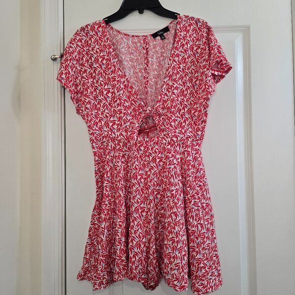 Lulus Dondi Red and White Print Tie-Front Short Sleeve Romper - Picture 6 of 13